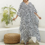 Grey And White Aztec Pattern Print Silk V-Neck Kaftan Dress