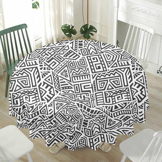 Grey And White Aztec Pattern Print Waterproof Round Tablecloth