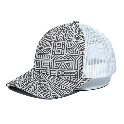 Grey And White Aztec Pattern Print White Mesh Trucker Cap