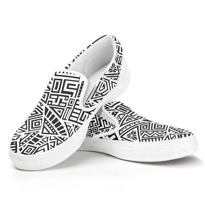 Grey And White Aztec Pattern Print White Slip On Sneakers