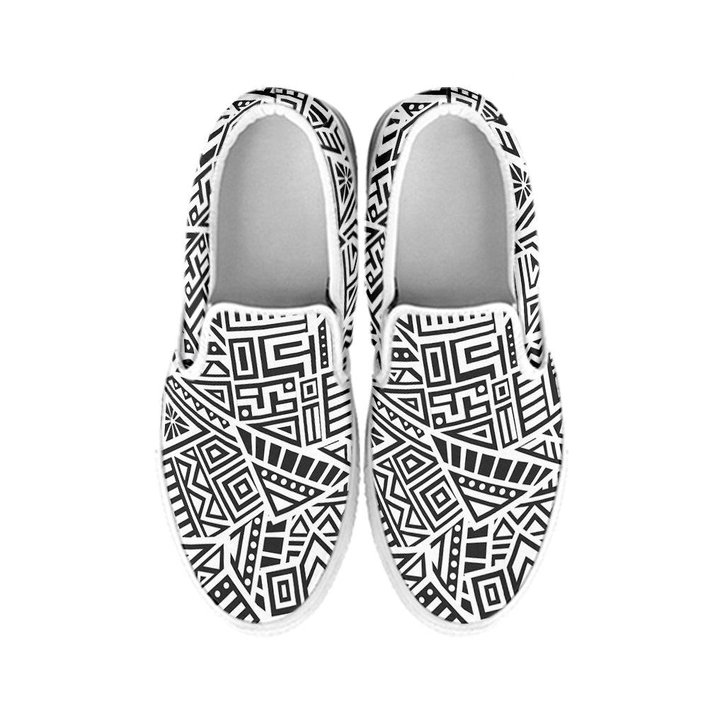 Grey And White Aztec Pattern Print White Slip On Sneakers