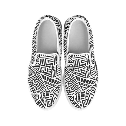 Grey And White Aztec Pattern Print White Slip On Sneakers