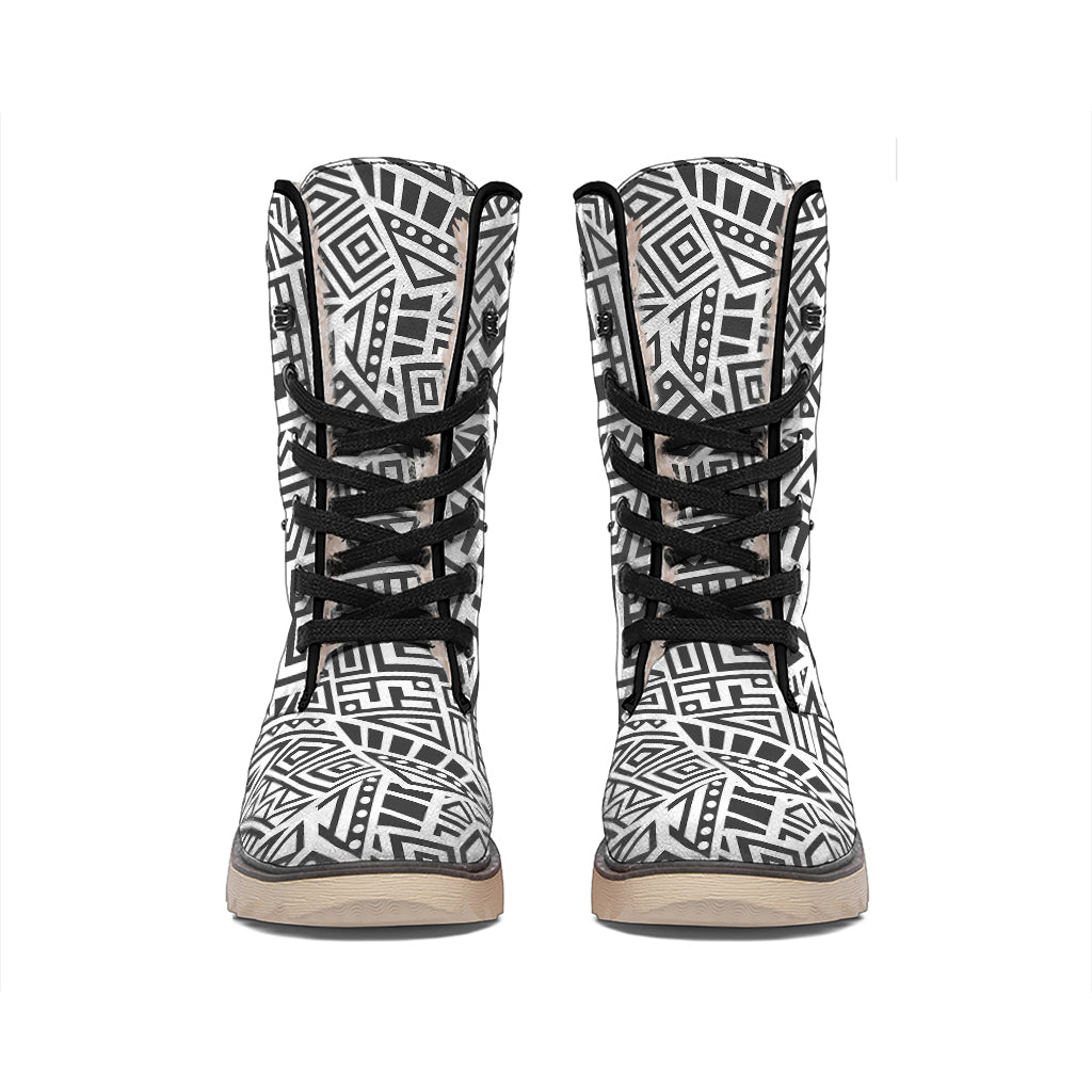 Grey And White Aztec Pattern Print Winter Boots