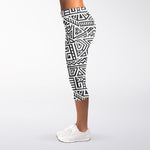 Grey And White Aztec Pattern Print Women's Capri Leggings
