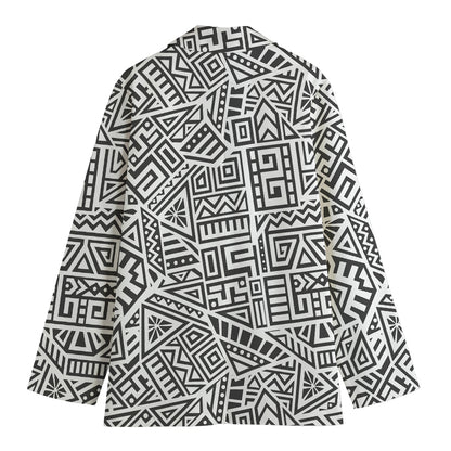 Grey And White Aztec Pattern Print Women's Cotton Blazer