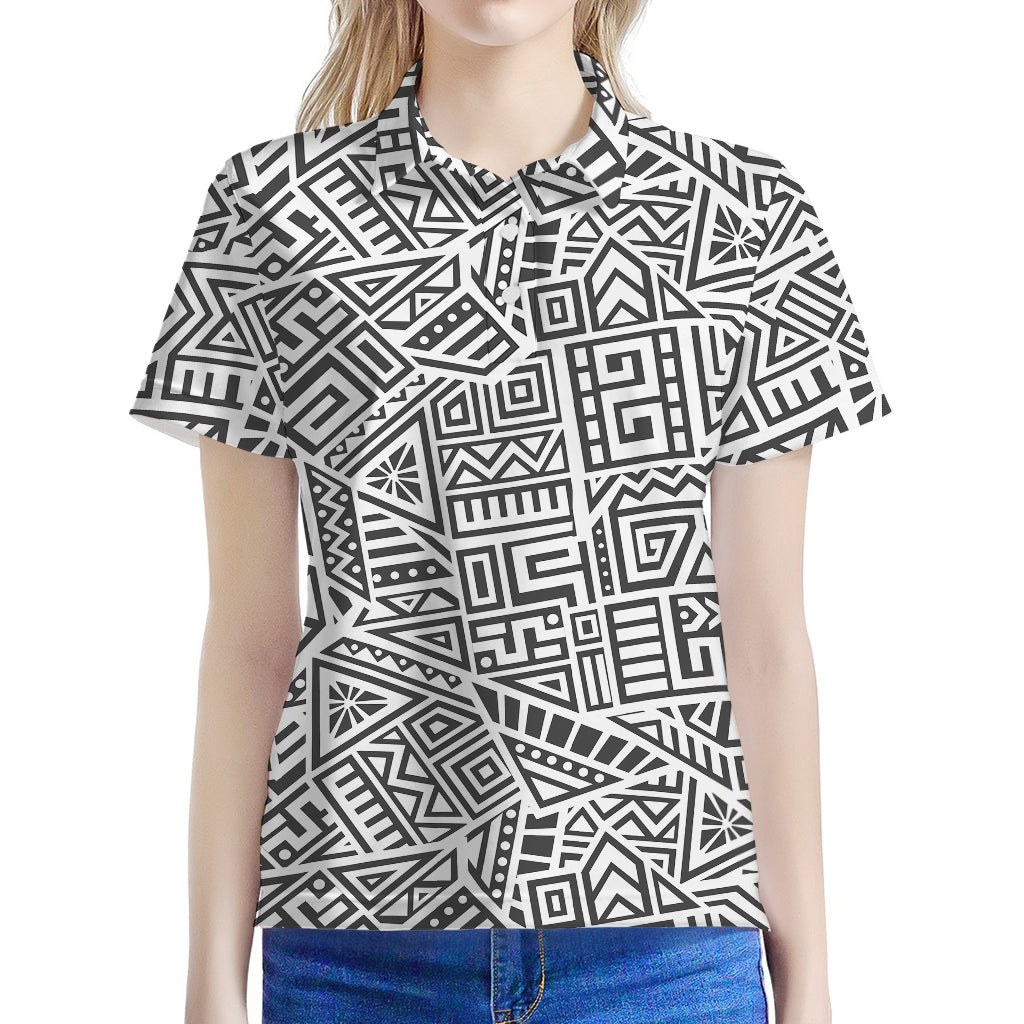 Grey And White Aztec Pattern Print Women's Polo Shirt