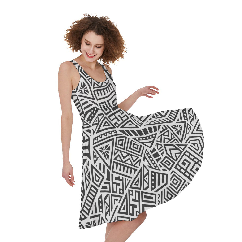 Grey And White Aztec Pattern Print Women's Sleeveless Dress