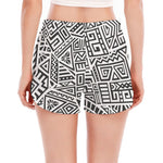 Grey And White Aztec Pattern Print Women's Split Running Shorts