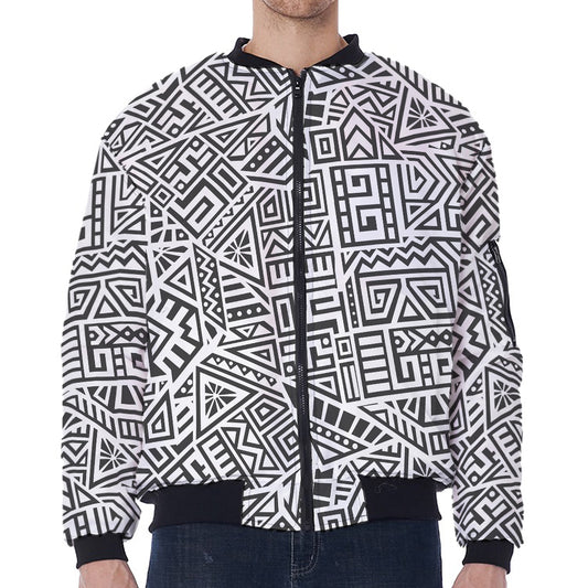 Grey And White Aztec Pattern Print Zip Sleeve Bomber Jacket