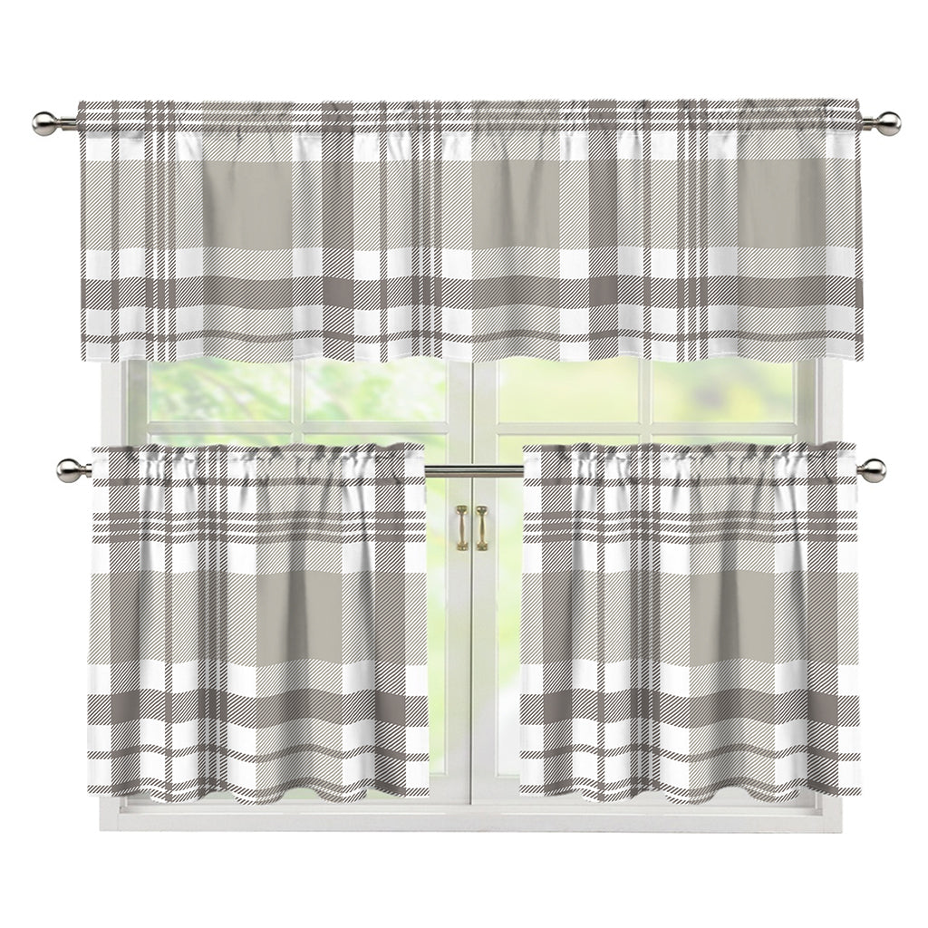 Grey And White Border Tartan Print 3 Piece Kitchen Curtains