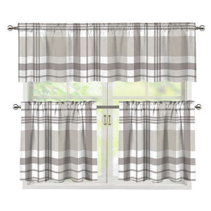 Grey And White Border Tartan Print 3 Piece Kitchen Curtains
