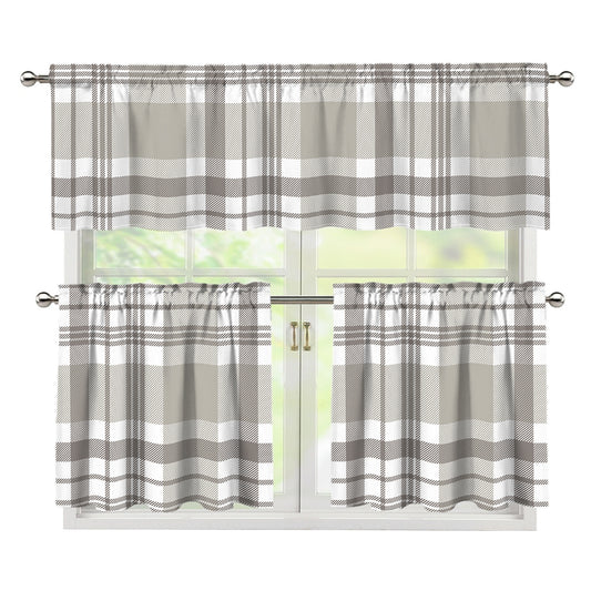 Grey And White Border Tartan Print 3 Piece Kitchen Curtains
