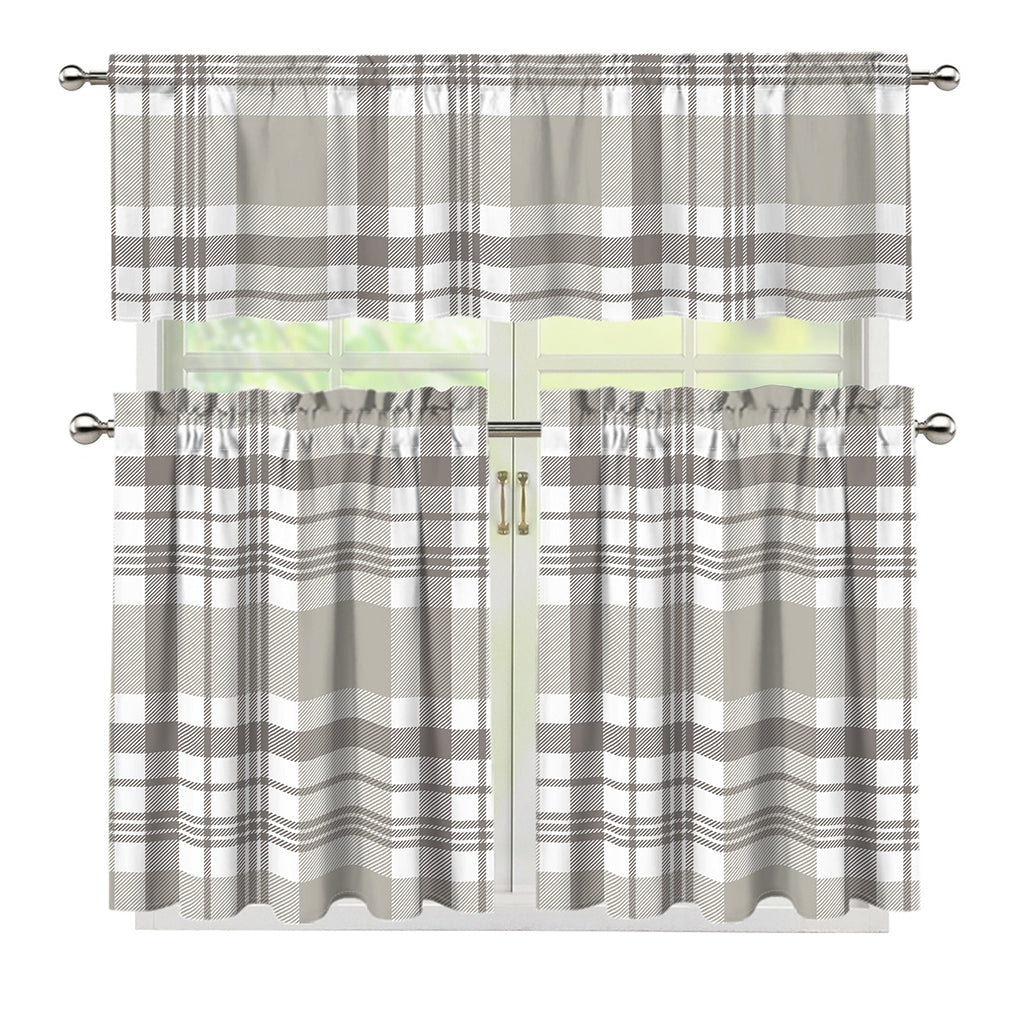 Grey And White Border Tartan Print 3 Piece Kitchen Curtains