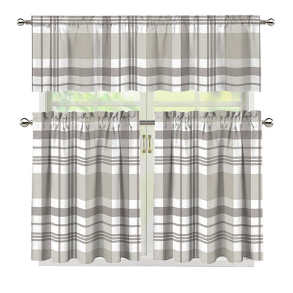 Grey And White Border Tartan Print 3 Piece Kitchen Curtains