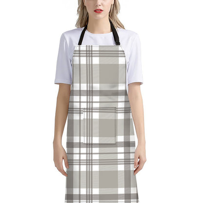 Grey And White Border Tartan Print Bib Apron With Pocket
