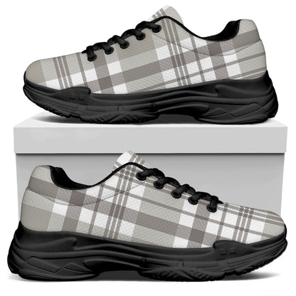 Grey And White Border Tartan Print Black Chunky Shoes