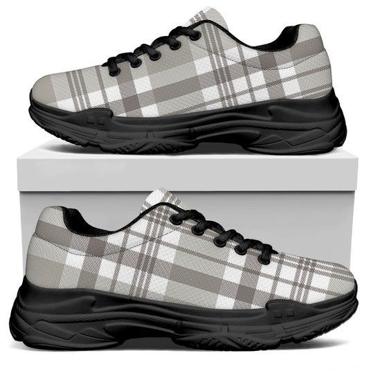 Grey And White Border Tartan Print Black Chunky Shoes