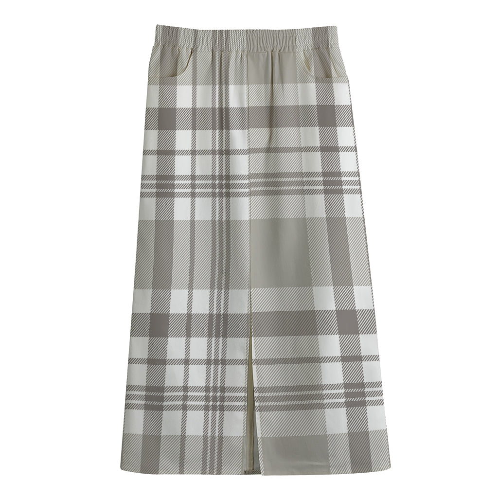 Grey And White Border Tartan Print Cotton Front Slit Maxi Skirt