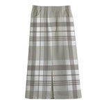 Grey And White Border Tartan Print Cotton Front Slit Maxi Skirt