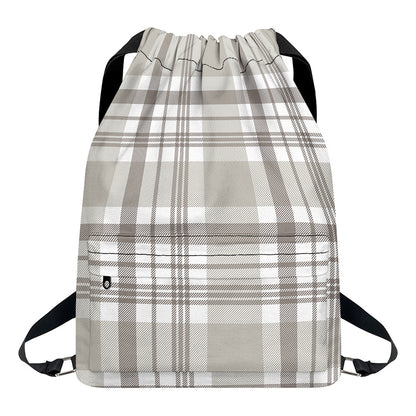 Grey And White Border Tartan Print Drawstring Backpack
