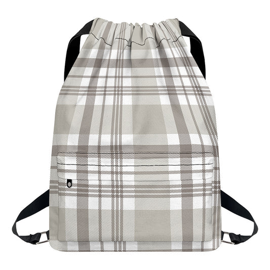 Grey And White Border Tartan Print Drawstring Backpack