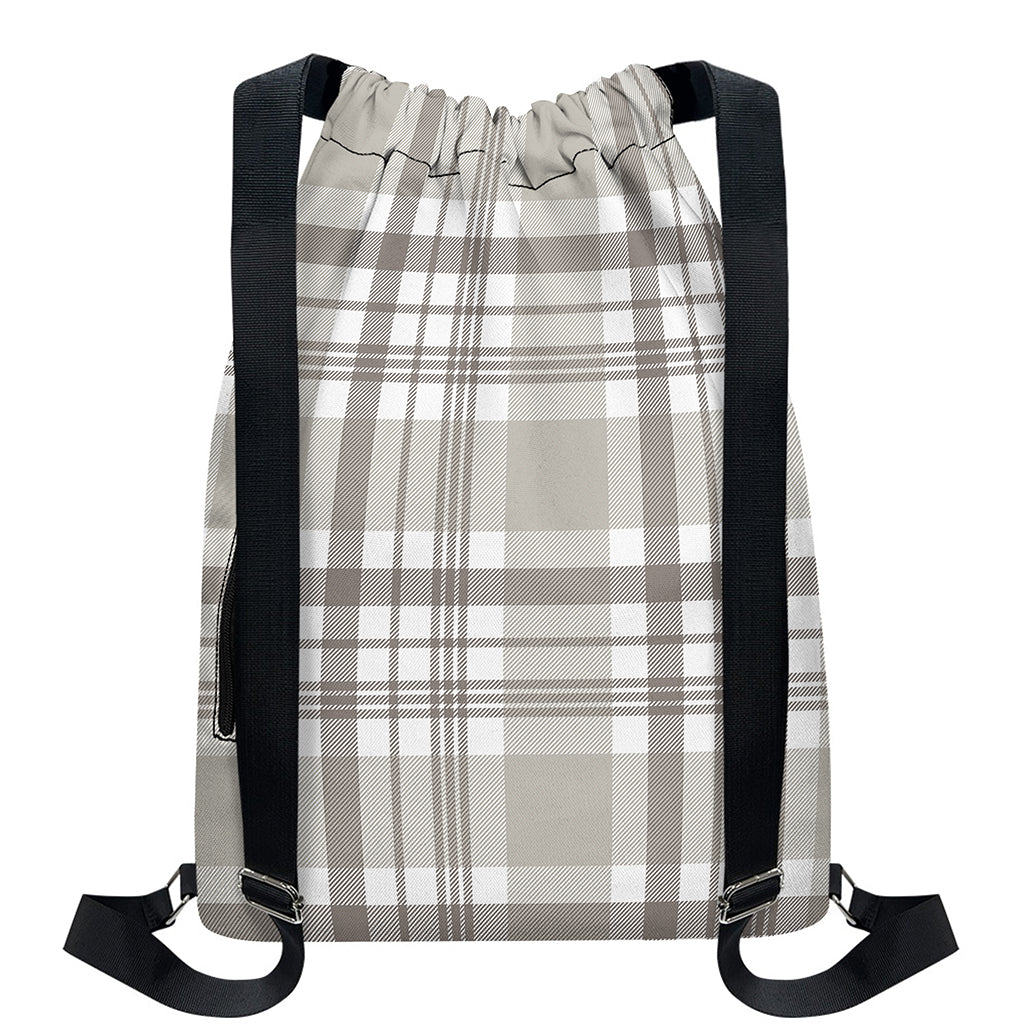 Grey And White Border Tartan Print Drawstring Backpack