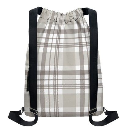 Grey And White Border Tartan Print Drawstring Backpack