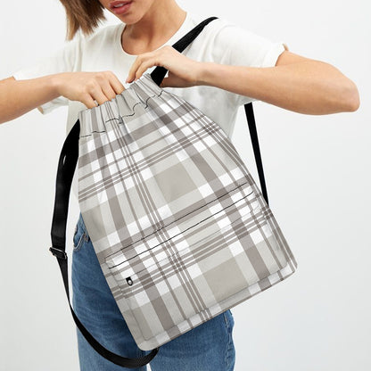 Grey And White Border Tartan Print Drawstring Backpack