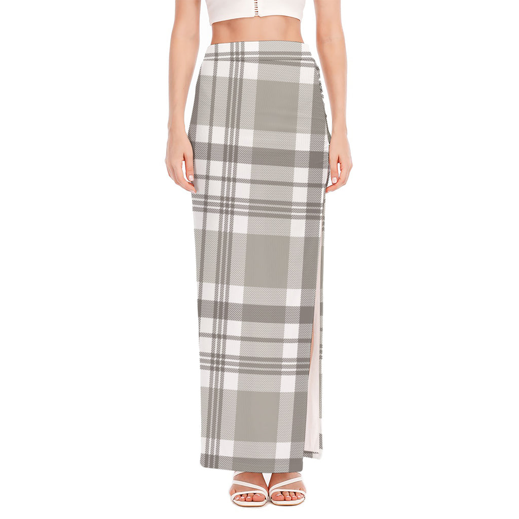 Grey And White Border Tartan Print High Slit Maxi Skirt