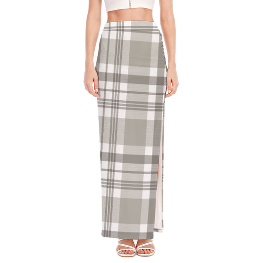 Grey And White Border Tartan Print High Slit Maxi Skirt