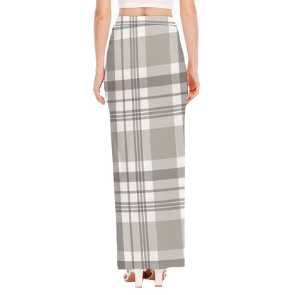 Grey And White Border Tartan Print High Slit Maxi Skirt