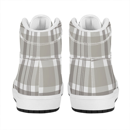 Grey And White Border Tartan Print High Top Leather Sneakers