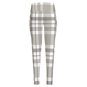 Grey And White Border Tartan Print High-Waisted Pocket Leggings