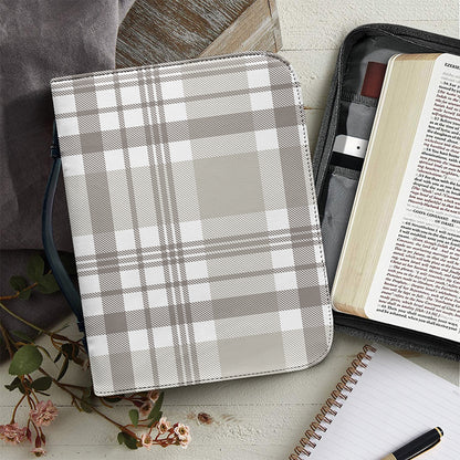 Grey And White Border Tartan Print Leather Bible Cover