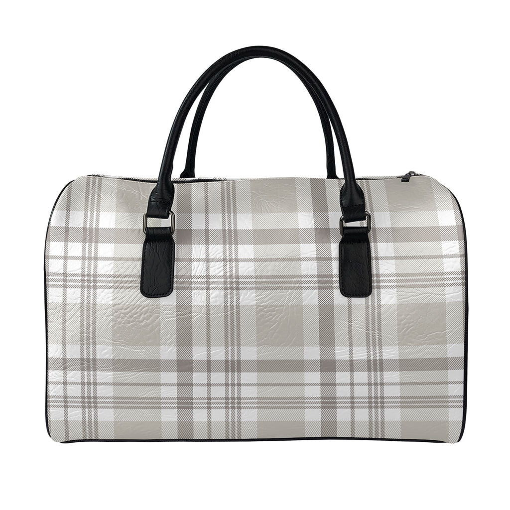 Grey And White Border Tartan Print Leather Duffle Bag
