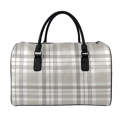 Grey And White Border Tartan Print Leather Duffle Bag