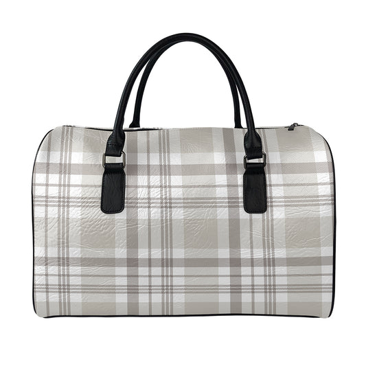 Grey And White Border Tartan Print Leather Duffle Bag