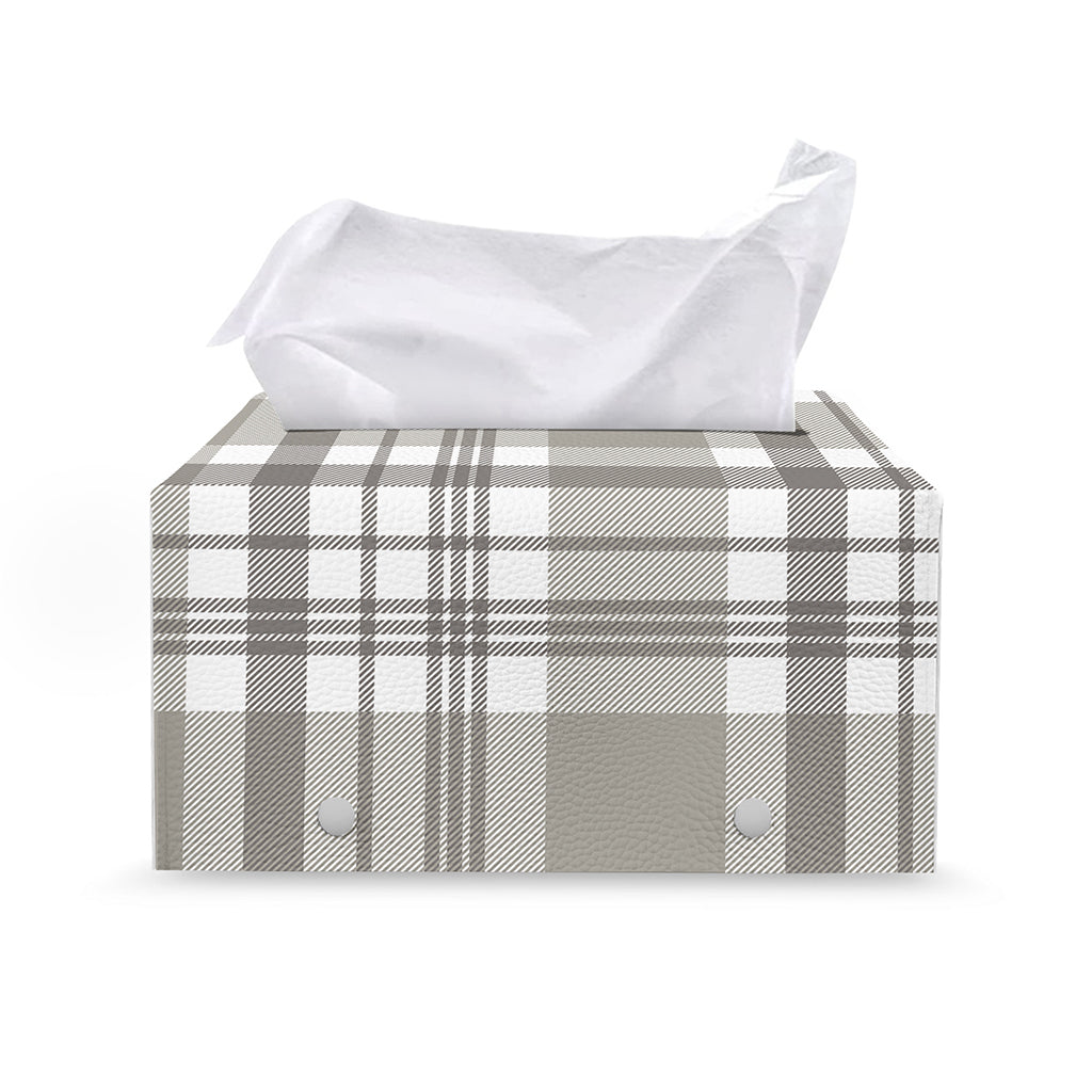 Grey And White Border Tartan Print Leather Tissue Box Cover