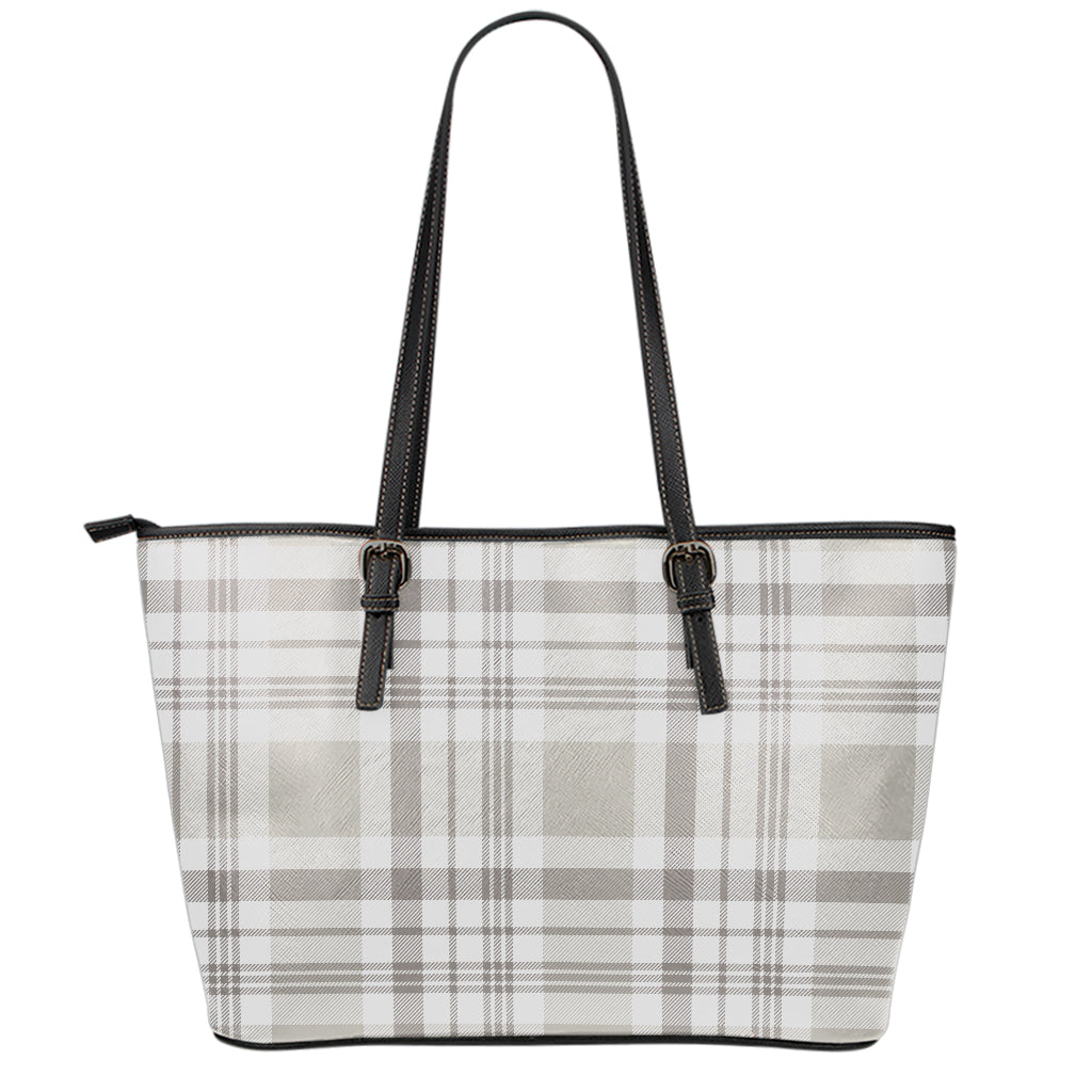 Grey And White Border Tartan Print Leather Tote Bag