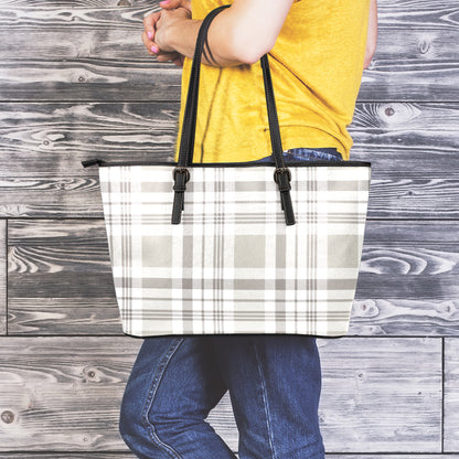 Grey And White Border Tartan Print Leather Tote Bag