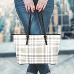 Grey And White Border Tartan Print Leather Tote Bag