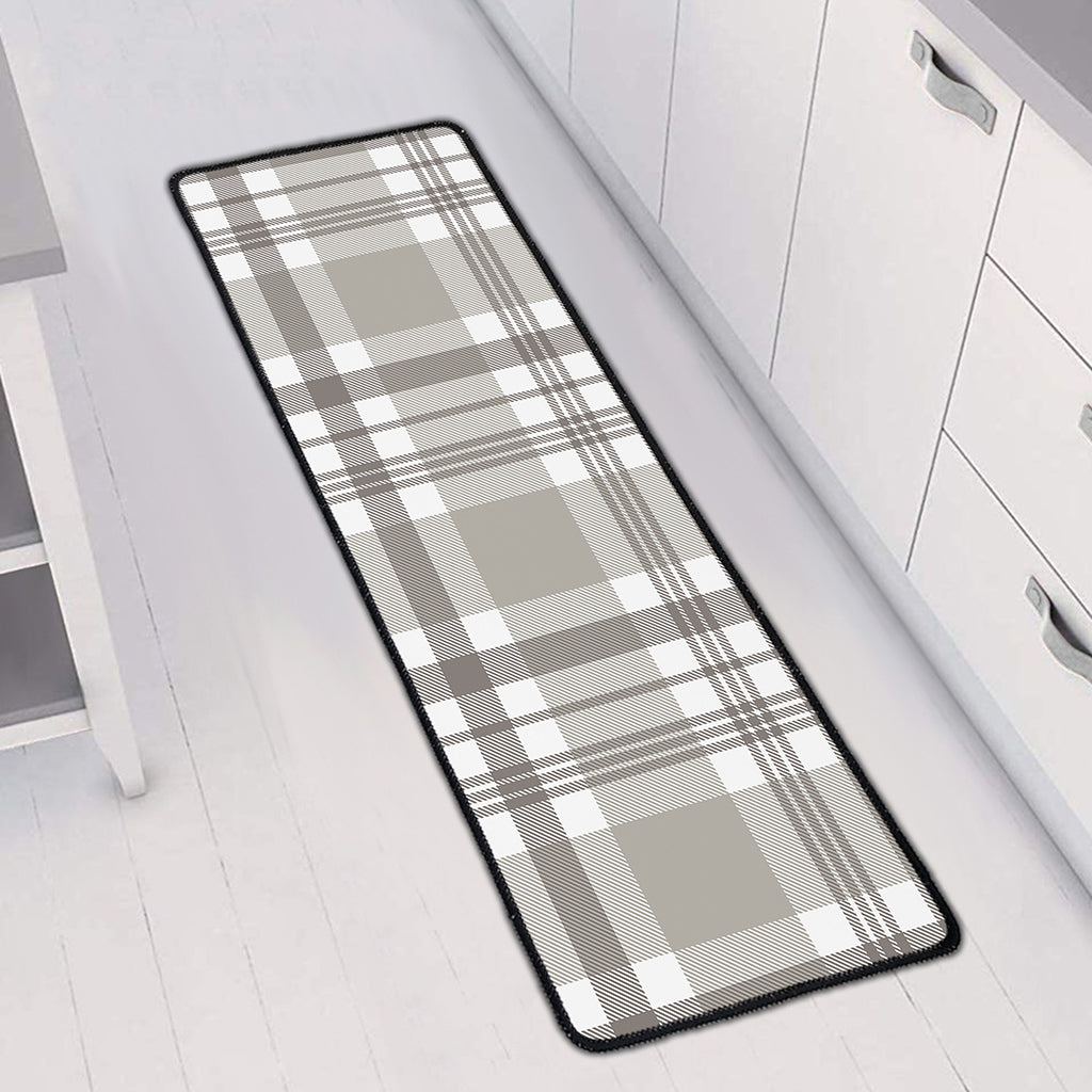 Grey And White Border Tartan Print Long Kitchen Mat