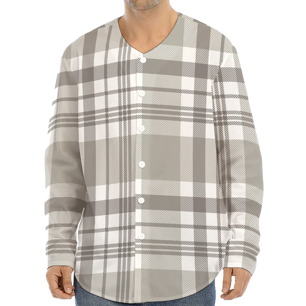 Grey And White Border Tartan Print Long Sleeve Baseball Jersey