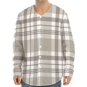 Grey And White Border Tartan Print Long Sleeve Baseball Jersey