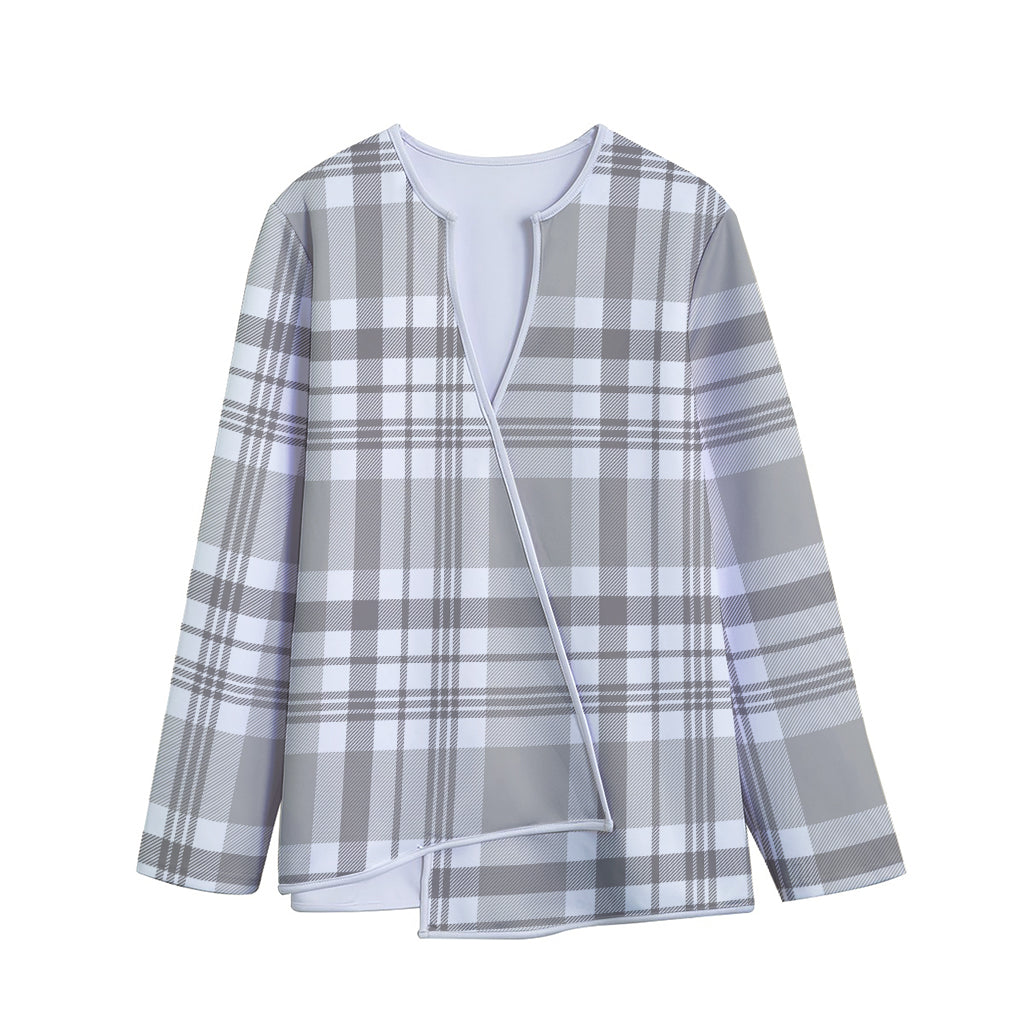 Grey And White Border Tartan Print Long Sleeve Short Coat
