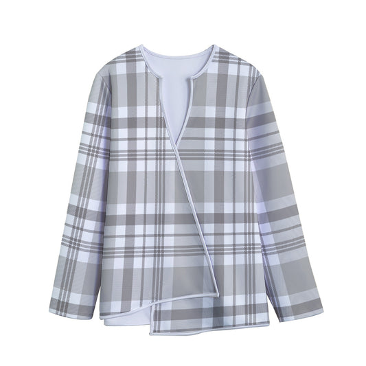 Grey And White Border Tartan Print Long Sleeve Short Coat
