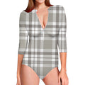 Grey And White Border Tartan Print Long Sleeve Swimsuit