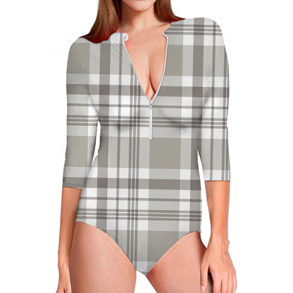 Grey And White Border Tartan Print Long Sleeve Swimsuit