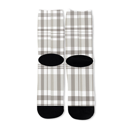 Grey And White Border Tartan Print Long Socks