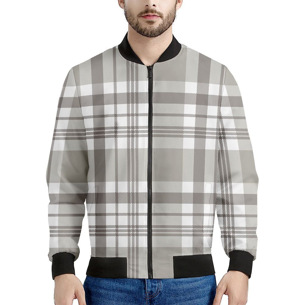 Grey And White Border Tartan Print Men's Bomber Jacket